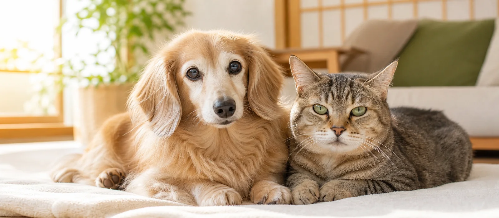 シニア犬とシニア猫が寄り添って休んでいる様子